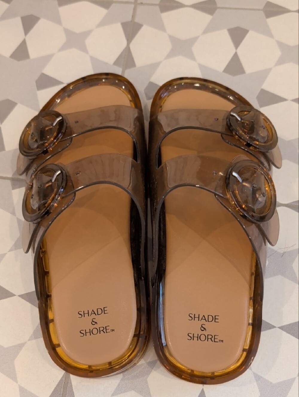 SHADE & SHORE Brown Tinted Double Buckle Jelly Slides - Picture 3 of 5